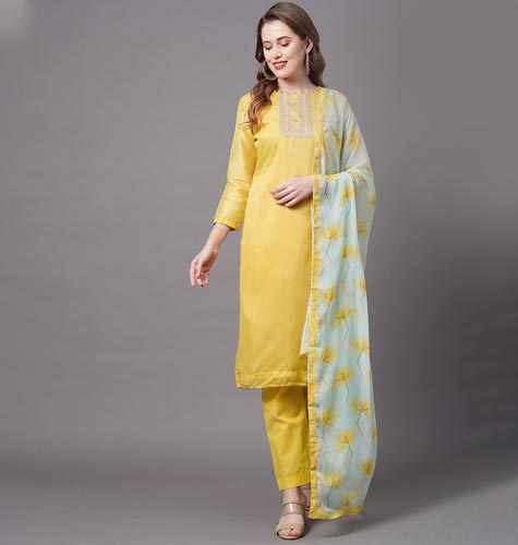 Yellow & Blue Embroidered Unstitched Dress Material